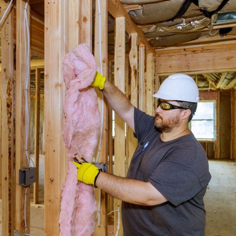 Worker installing insulation in wooden frame.
